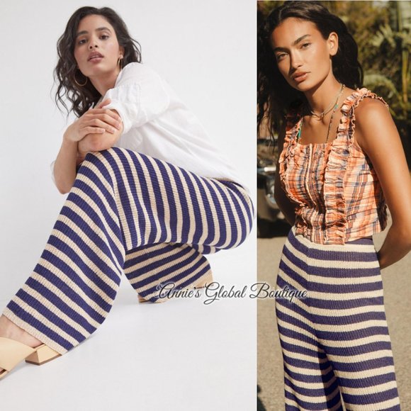 RARE NWT ANTHROPOLOGIE FLAT WHITE Striped Knit Pants. Size L - Picture 12 of 16